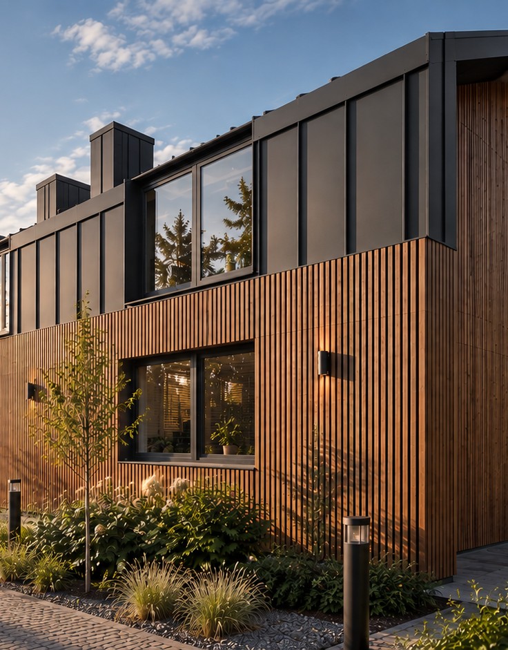 Holzfassade und Garten — goldene Stunde